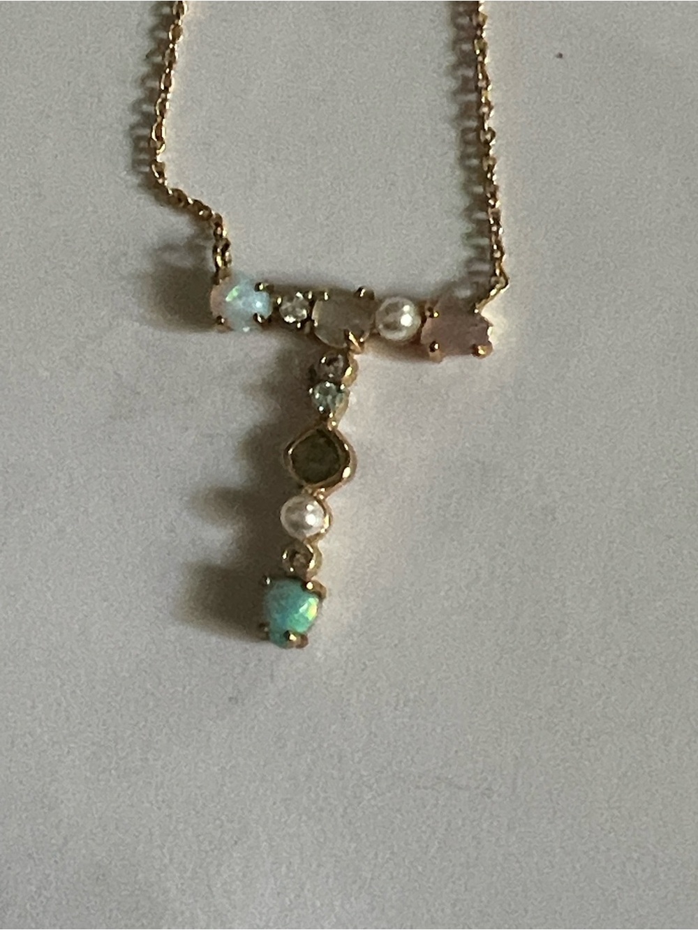 Initial Letter T Gold Tone Opal, Pearl & Gemstone Pendant Necklace